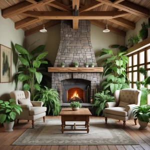 Create a cozy cottage-inspired living room with wood-beamed ceil...