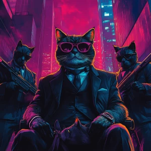 A high-fashion crime boss cat in a luxury penthouse, overlooking...
