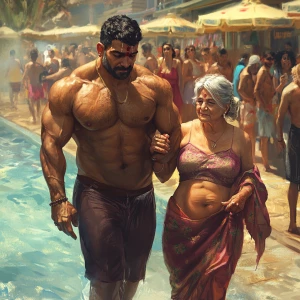 Digital art ,a pool party new york summer resort,a muscular big...