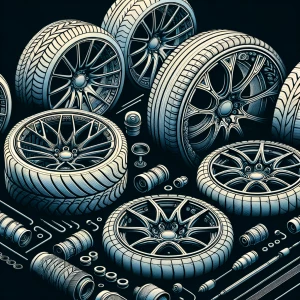 Create a design for a set of custom car wheels and tires that in...