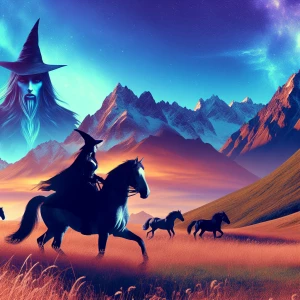 Create an image of a wild horses galloping across a scenic grass...