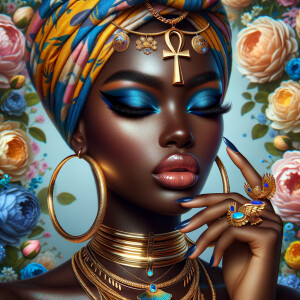 Create an image of an african-American, graceful woman , striking blue eyeshadow, and full lips. She wears large, golden hoop earrings and multiple necklaces, one with a prominent ankh pendant. Her hair is hidden beneath a vibrant, patterned head wrap in shades of blue, yellow, and orange. Her nails are painted dark blue, complementing her eyeshadow, and her fingers are adorned with a large, ornate gold ring. She poses elegantly against a background filled with soft pastel flowers, highlight her beauty