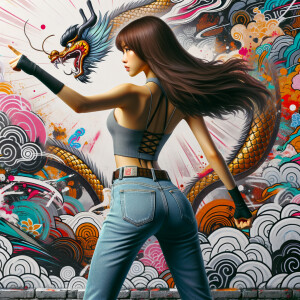 Attractive, Asian teenage girl, long brown hair and bangs, wearing tight skinny jeans and a halter top paint marks on her clothing, backside view heroic pose Asian graffiti