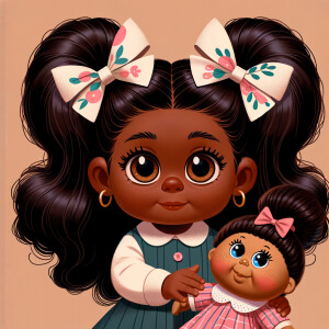 African-American girl with huge Hazel Brown eyes and long, black ponytails with Bows playing with African-American, cabbage Patch doll with huge dimples and freckles