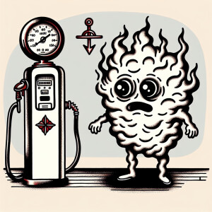 A cartoonish gas monster, standing next to a gas pump in a old s...