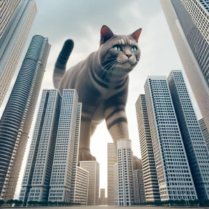Create a 3D-rendered image of a colossal cat towering above the...