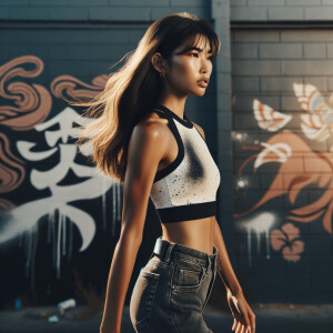 Athletic Thin skinny Attractive, Asian teenage girl, long brown hair and bangs, wearing tight skinny jeans and a halter top paint marks on her clothing, heroic pose Asian graffiti background, side view