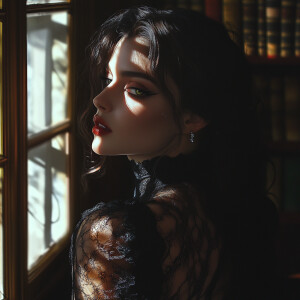 A close-up portrait of an elegant female vampire in a library st...