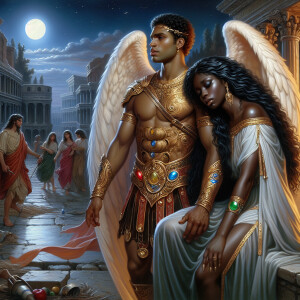 Create an oil painting image featuring a male angel and a grievi...