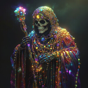 A whimsical and vibrant depiction of the grim reaper, wearing a...