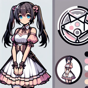 cute teenage anime girl with black hair in pigtails and big ligh...