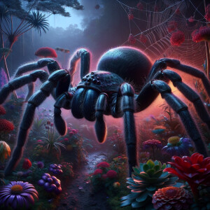 "Create a lifelike scene of a giant spider dominating a flower g...