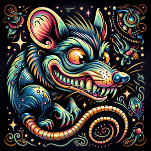 rat fink in glow in the dark colors in an old school tattoo styl...