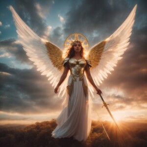 An angel with wings is ascending in the sunrise, surrounded by c...