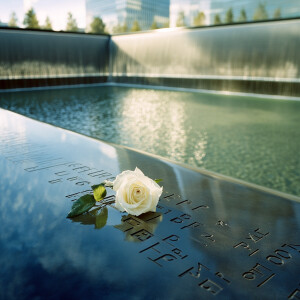 A solemn image shows the reflective twin pools of the 9/11 Memor...
