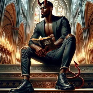 A digital airbrushed illustration of a beautiful Demon , sitting...