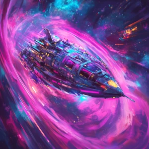 A gleaming, synthwave-fueled temporal trawler navigates through...