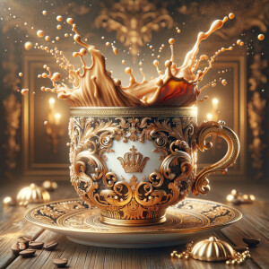 Illustrate a sumptuous coffee cup with an elaborate baroque-insp...