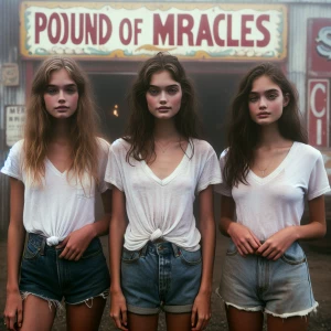 Create a color film photograph from 1973 of three beautiful 19-y...