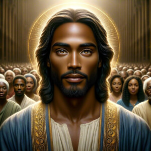 Illustrate an inspiring African-American Jesus crust with a dign...