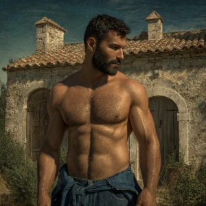 Create an image of a muscular Italian man with dark, slightly fa...