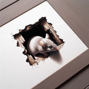 mouse peeking through a hole in dark wood baseboard, watercolor...
