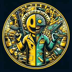 Create a professional ,  horror-themed circular brand logo featu...