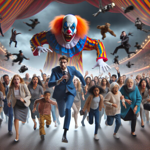 There is a scary clown in the middle of the circus arena. People...