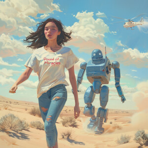 A gorgeous 23-year-old brunette woman is running away from a blu...