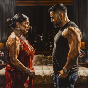 Realism art.A man(sweaty beefy muscular)  standing(talking)with...