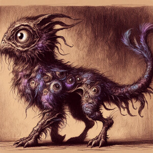 Quarpox- blue purple creature one giant eye four legs some fur s...