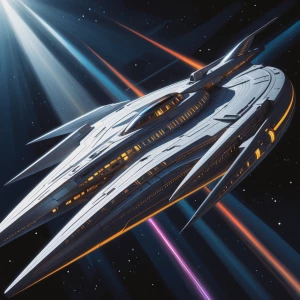 In a striking chiaroscuro interstellar ship portrait, shadows da...