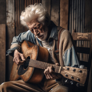 Old man avatar singing and playing guitar