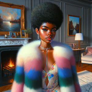 a full body veiw of a colorful gloss hyper realistic oil painting of a regal beautiful light skinned afro  American girlwith beautiful pixie cut one side of hair is black and the other side  of her hair white slick baby hair and furry white and pink and blue furry coat and outfit under the coat standing in living room with fireplace