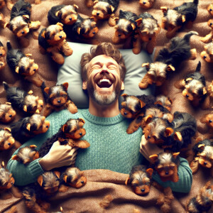 A [caricature of a] very happy [man] lying in a bed full of york...
