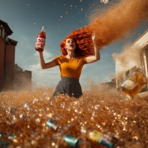 Photorealistic image. Gingerhaired woman shakes up soda and it e...