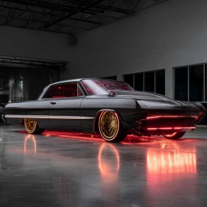 A stunning 64 Chevy impala on Dayton 100 spoke 20 inch gold rims...