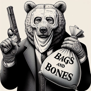 Headshot of a bear wearing a mask, gripping a handgun in one han...