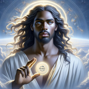 Depict a light-skinned African-American Jesus Christ with long,...