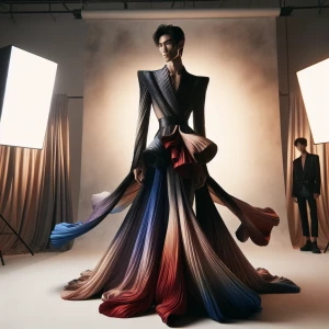 A tall, poised model standing under soft studio lighting, wearing a flowing, avant-garde gown in bold, contrasting colors. The backdrop features a subtle textured gradient, keeping the focus on the dress’s intricate folds and unique silhouette. Her pose is strong and confident, embodying high-end editorial style.