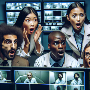 2 guys and 2 girls are watching the camera footage in surprise
