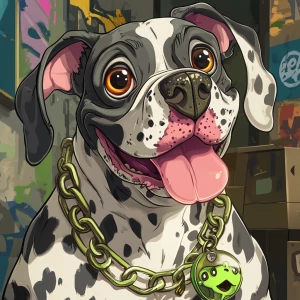 A cartoon-style anthropomorphic dog with a white and gray spotte...