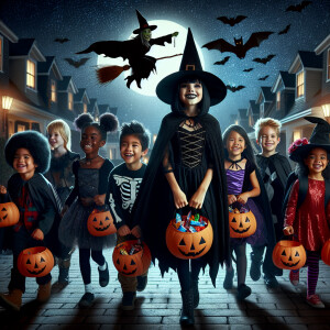 A group of trick or treaters dressed in a variety of Halloween c...