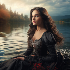 Capture the elegance of a fair-skinned woman with dark long hair...