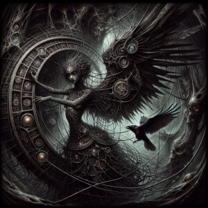 "A dark fairy, adorned with luminescent ancient runes and ensnar...