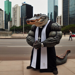 Man- alligator hybrid with extra huge muscles with veins popping...