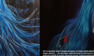 A woman with long blue hair and red eyes singing "Ich möchte sin...