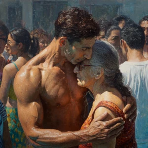 Hyperrealism photo painting,a muscular beefy kashmiri man intima...