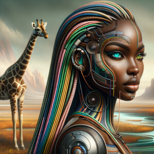 ancient landscape Ancient warrior woman Slimthick African American pretty face flawless skin long colorful braids, plus edges, fluxus art vibrant colors one  blue eye one green eye. Ancient attire sandal's striped giraffe