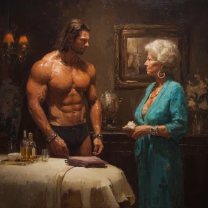 Realism photo painting, a muscular Russian man in his beach hote...